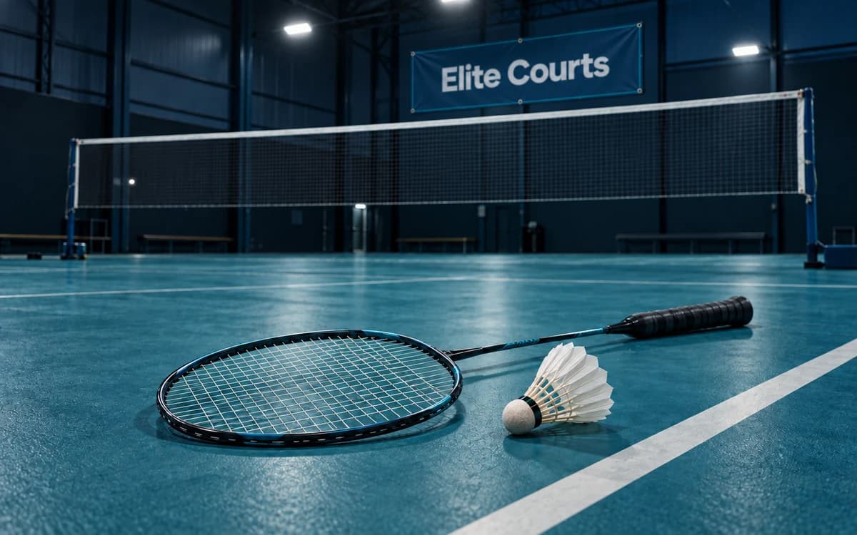 Badminton racket and shuttlecock on a blue indoor court beneath a net and an Elite Courts banner.