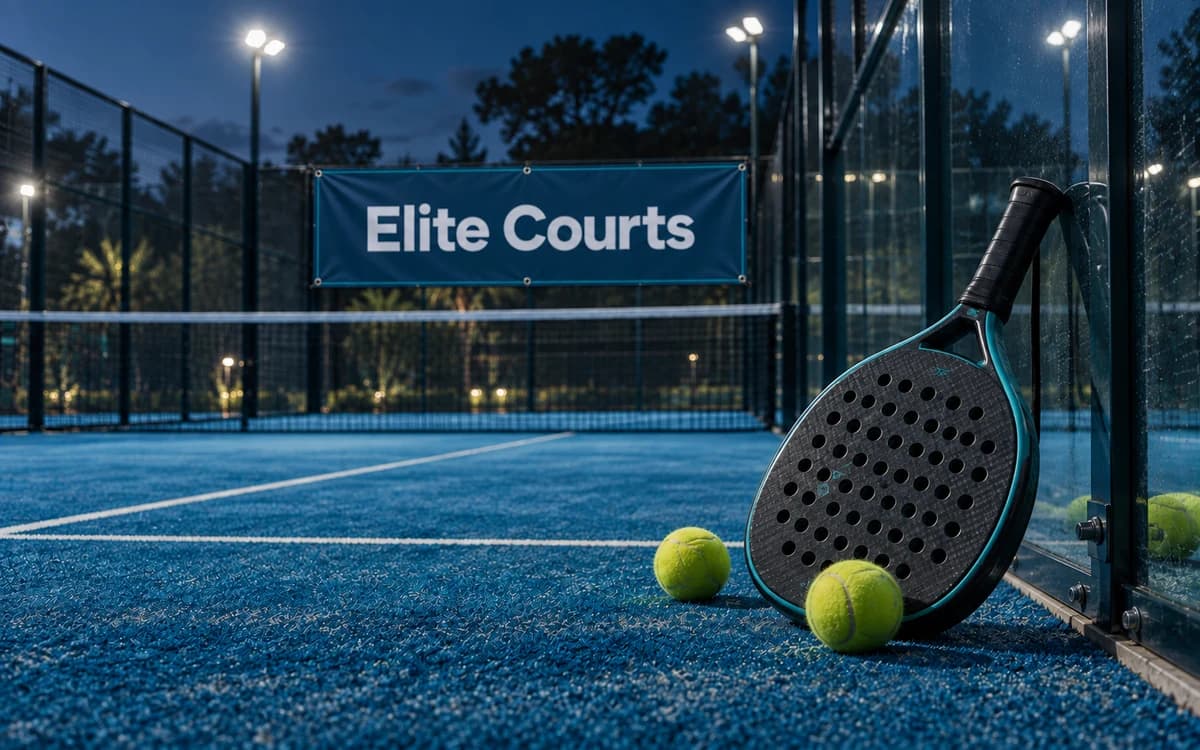 Padel racket and balls on a blue glass-walled court beneath an Elite Courts banner.