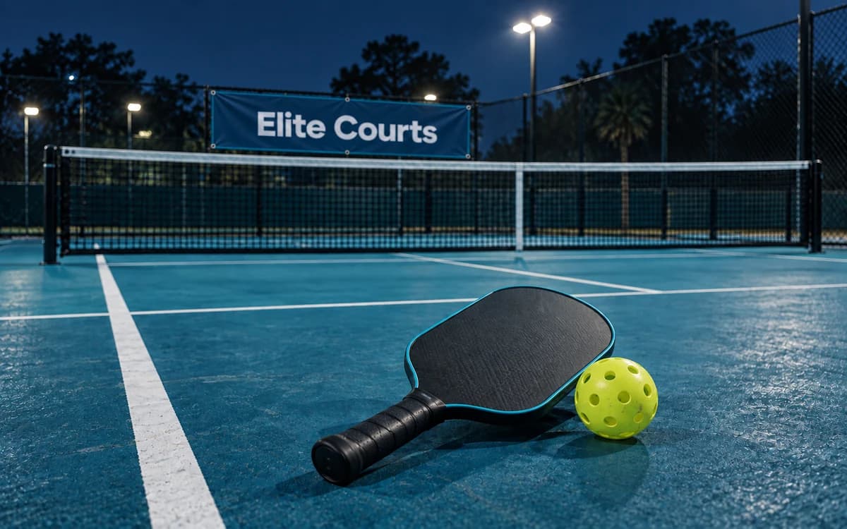 Pickleball paddle and yellow ball on a blue court, with a net and an Elite Courts banner.