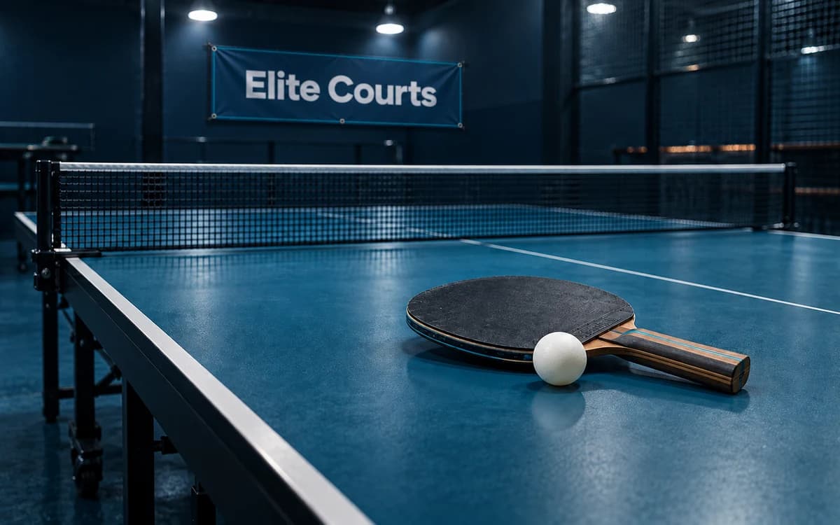 Table tennis bat and white ball on a blue indoor table, with a net and an Elite Courts banner.