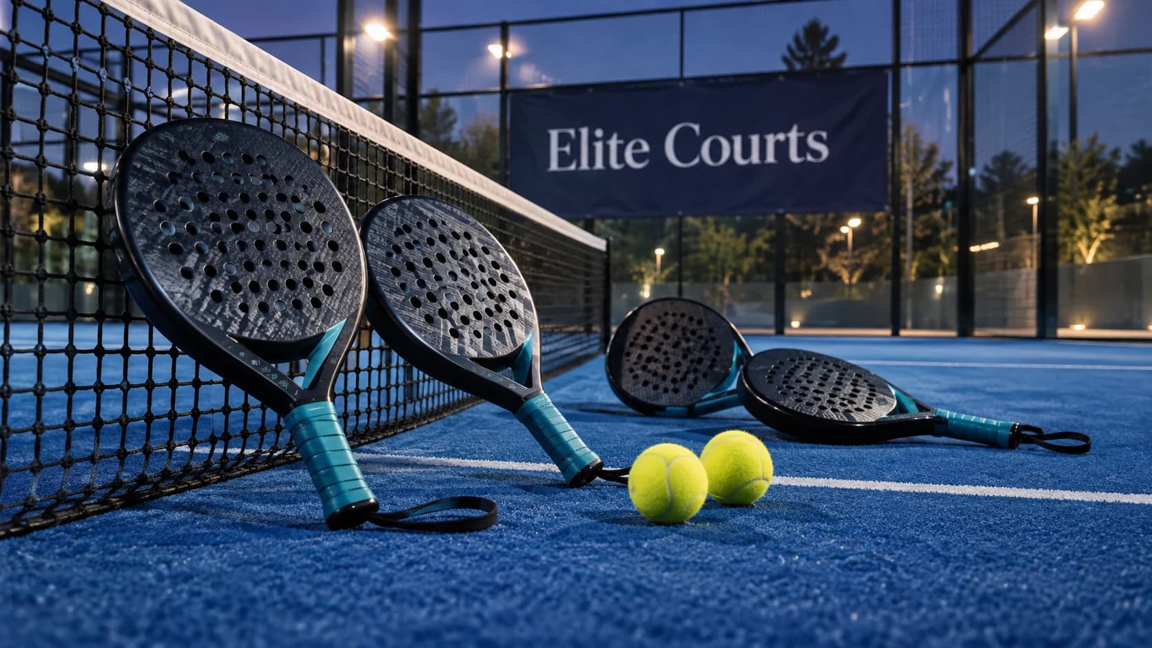 Four padel rackets and yellow balls on a blue court beneath an Elite Courts banner, representing the rotating-partner Americano tournament.