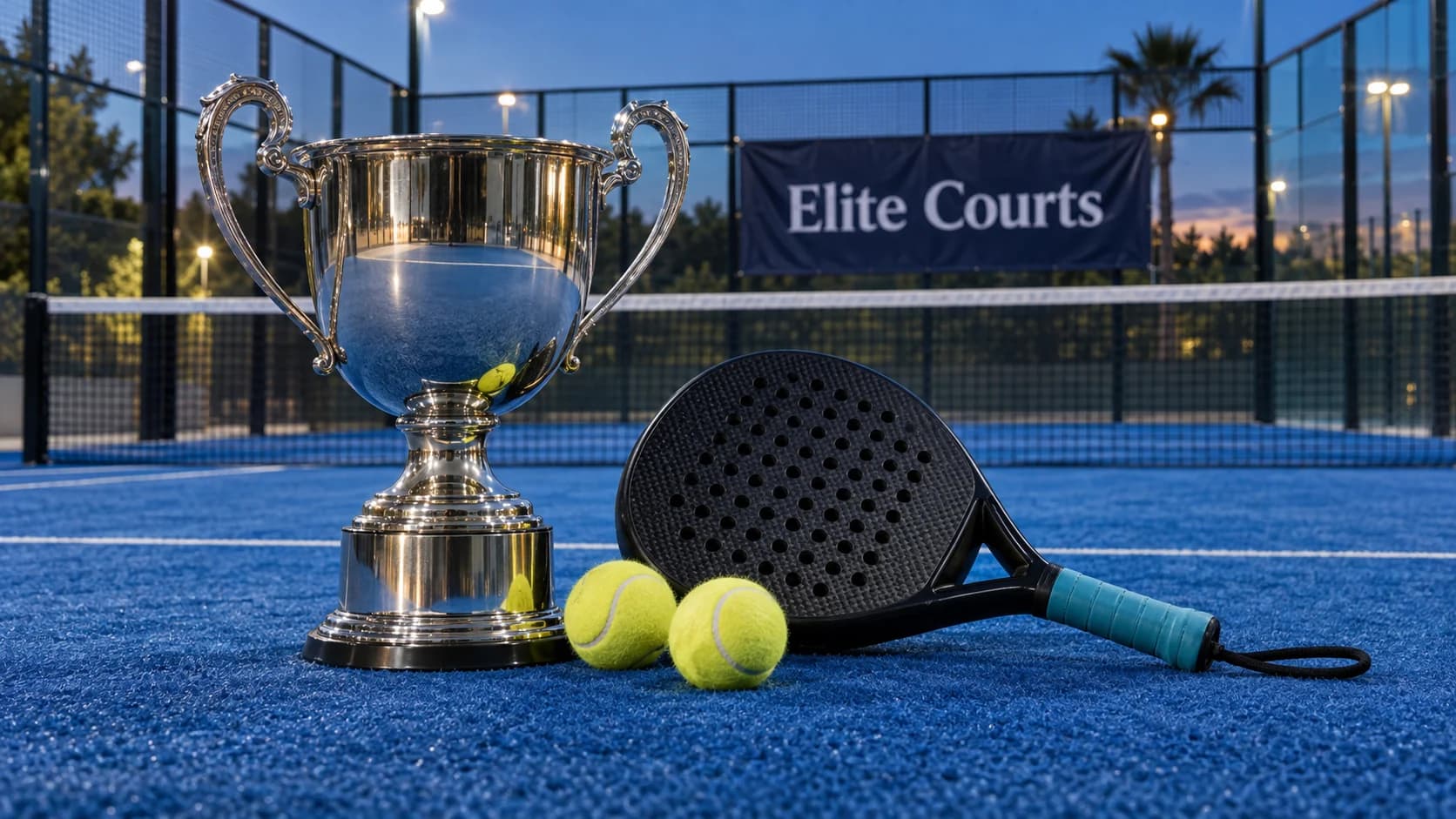Silver tournament trophy, padel racket and yellow balls on a blue court beneath an Elite Courts banner.
