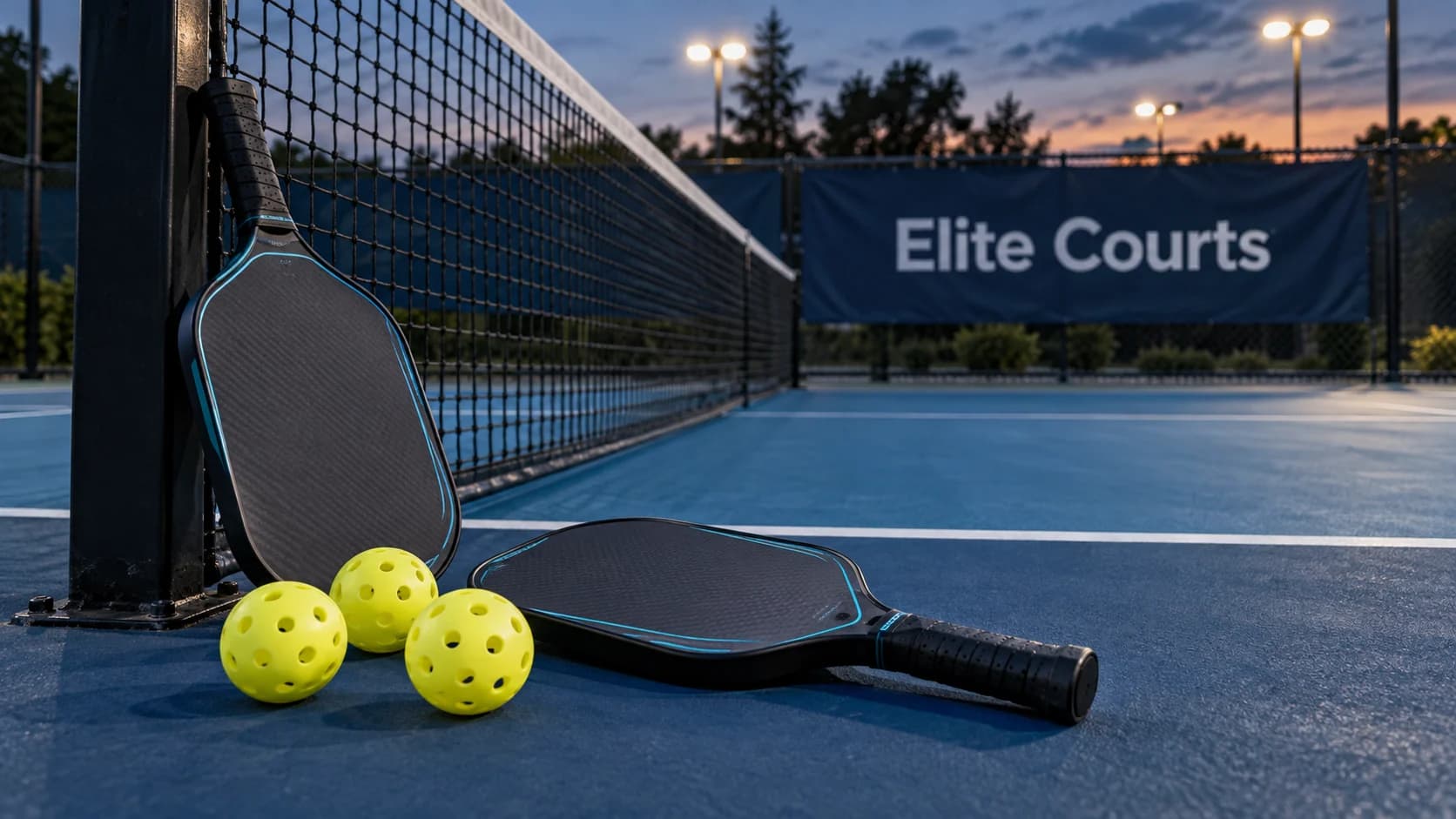 Graphite pickleball paddles and yellow perforated balls beside a net and Elite Courts banner for the May 2026 tournament.