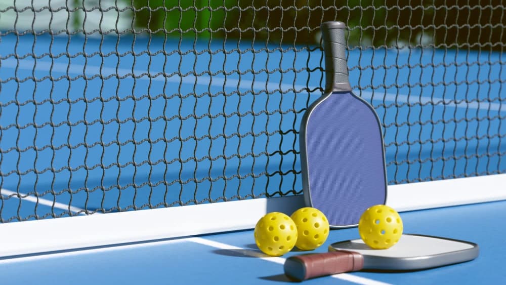 Two pickleball paddles and three yellow balls beside a net on a blue court, used for Elite Courts Pickleball Season 2.