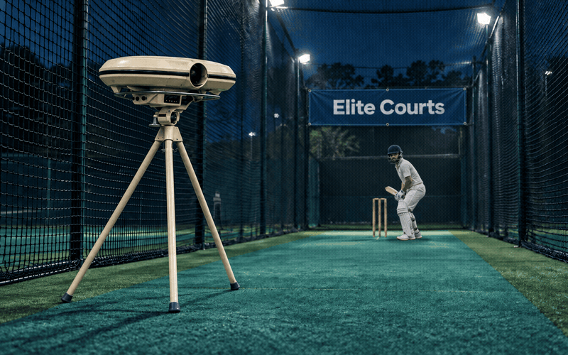 Cricket practice animation showing a bowling machine delivering to a batter beneath an Elite Courts banner.